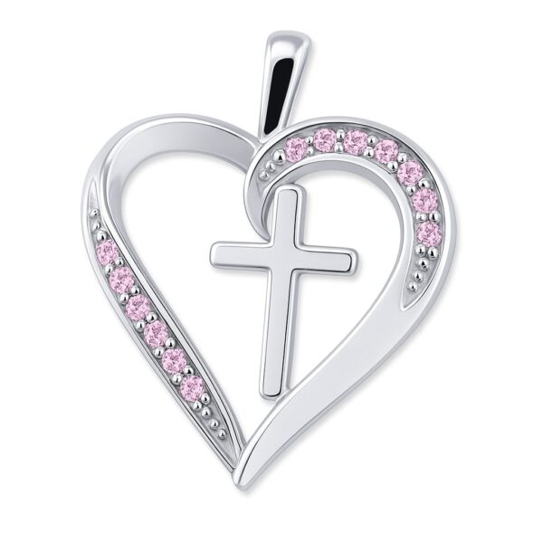 Herz-Anhänger mit rosa Zirkonias und Kreuz – 25 x 15 mm