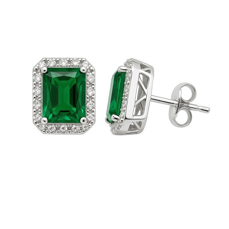 Ohrstecker „Emerald Elegance Halo“ – 960 Argentium Silber