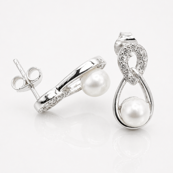 Perlen Ohrstecker 15x8 mm – 960 Argentium Silber mit Süßwasserperle & weißen Zirkonias