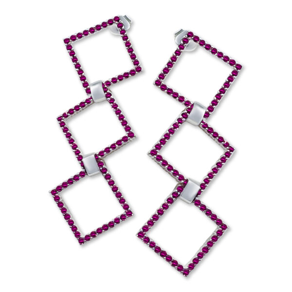 Ohrstecker mit schrägen Vierecken – Rote Zirkonias – 49 x 17 mm