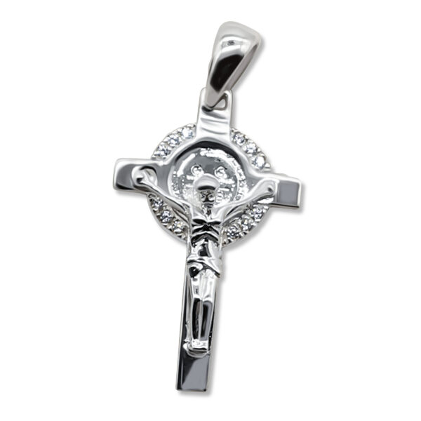 Kreuzanhänger mit Jesus und Zirkonia-Rand – 32 x 16 mm