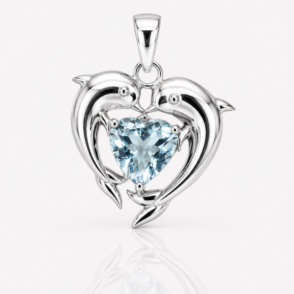 Dolphin Heart Sky Anhänger aus 960 Argentium Silber mit hellblauem Zirkonia in Herzform