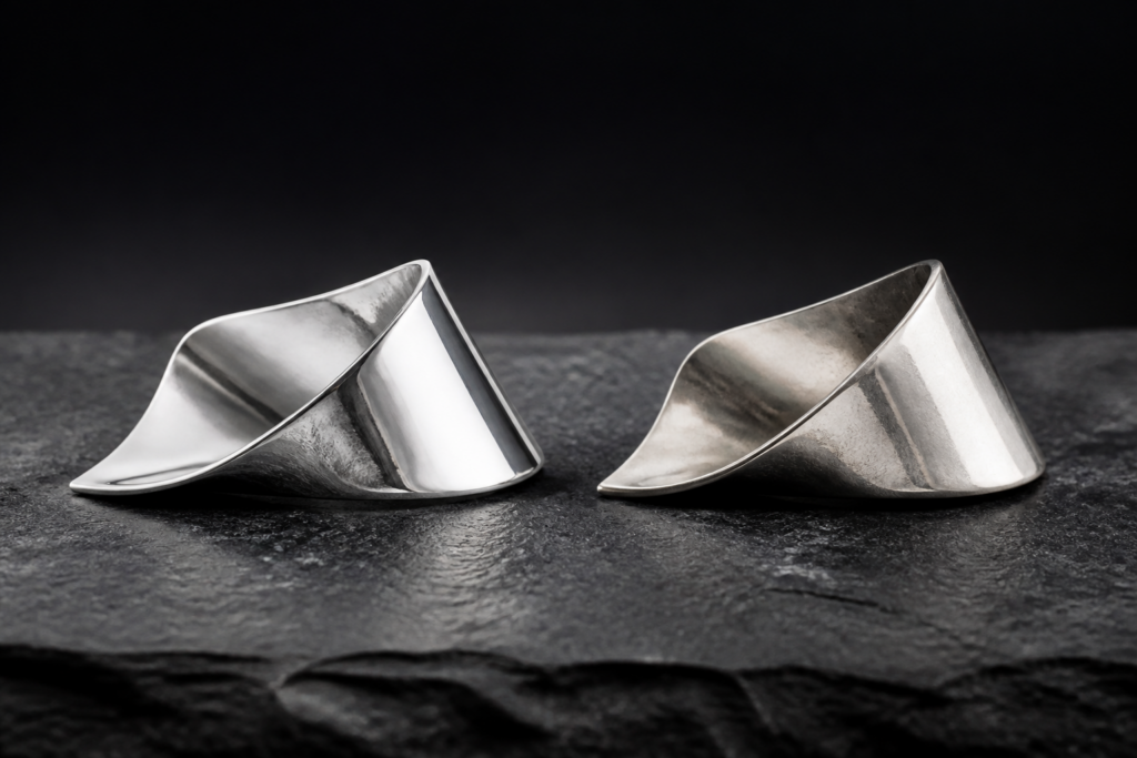 Vergleich zweier silberner Materialformen für Argentium 960 und 925er Silber