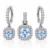 Aqua Crownlight Halo Schmuckset aus hellem Argentium Silber: Anhänger und ein Paar Creolen mit hellblauen Zirkonias und weißen Halo-Steinen
