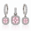 Rose Crownlight Halo Schmuckset aus hellem Argentium Silber: Anhänger und ein Paar Creolen mit rosafarbenen Zirkonias und weißen Halo-Steinen