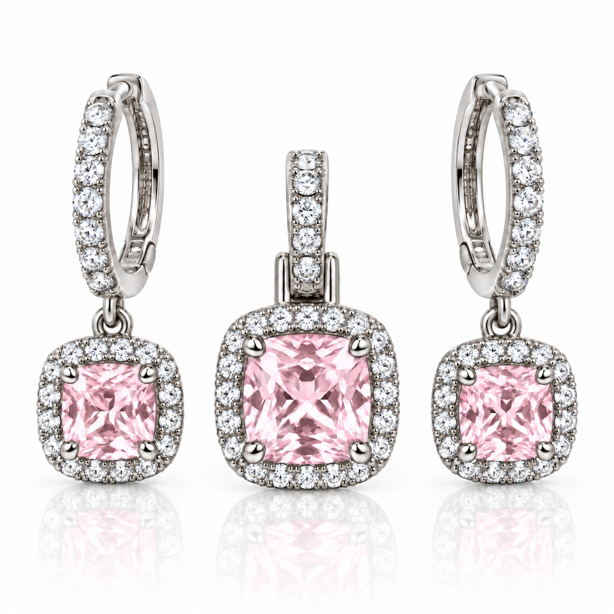 Rose Crownlight Halo Schmuckset aus hellem Argentium Silber: Anhänger und ein Paar Creolen mit rosafarbenen Zirkonias und weißen Halo-Steinen