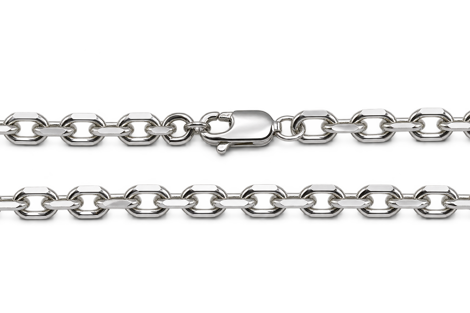 Diamantierte 4 mm Ankerkette aus 960 Argentium Silber, Detailansicht der Ankerglieder und des Karabinerverschlusses