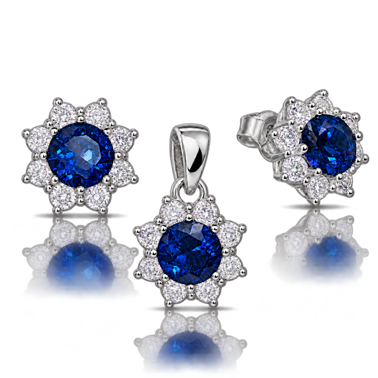 Sapphire Royal Blossom Set aus hellem Argentium Silber mit blauen Zirkonias und je acht weißen Zirkonias, mit Spiegelung