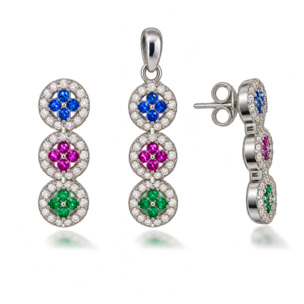 Tricolore Éclat und Petal Radiance Schmuckset: Anhänger und Ohrstecker aus hellem Silber mit drei Blütenmotiven in Blau, Pink und Grün