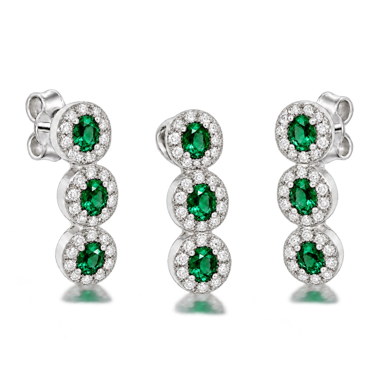 Emerald Trilogy Halo und Glow Trio Set: Anhänger und Ohrstecker-Paar in hellem Silberweiß mit smaragdgrünen Zirkonias