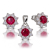 Ruby Royal Blossom Set aus hellem Argentium Silber mit rubinroten Zirkonias und je acht weißen Zirkonias, mit Spiegelung