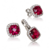 Ruby Crownlight Halo Set aus hellem Argentium Silber: Anhänger mit besetzter Öse und passende Ohrstecker mit rubinroten Zirkonias, mit Spiegelung