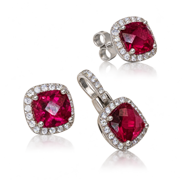 Ruby Crownlight Halo Set aus hellem Argentium Silber: Anhänger mit besetzter Öse und passende Ohrstecker mit rubinroten Zirkonias, mit Spiegelung