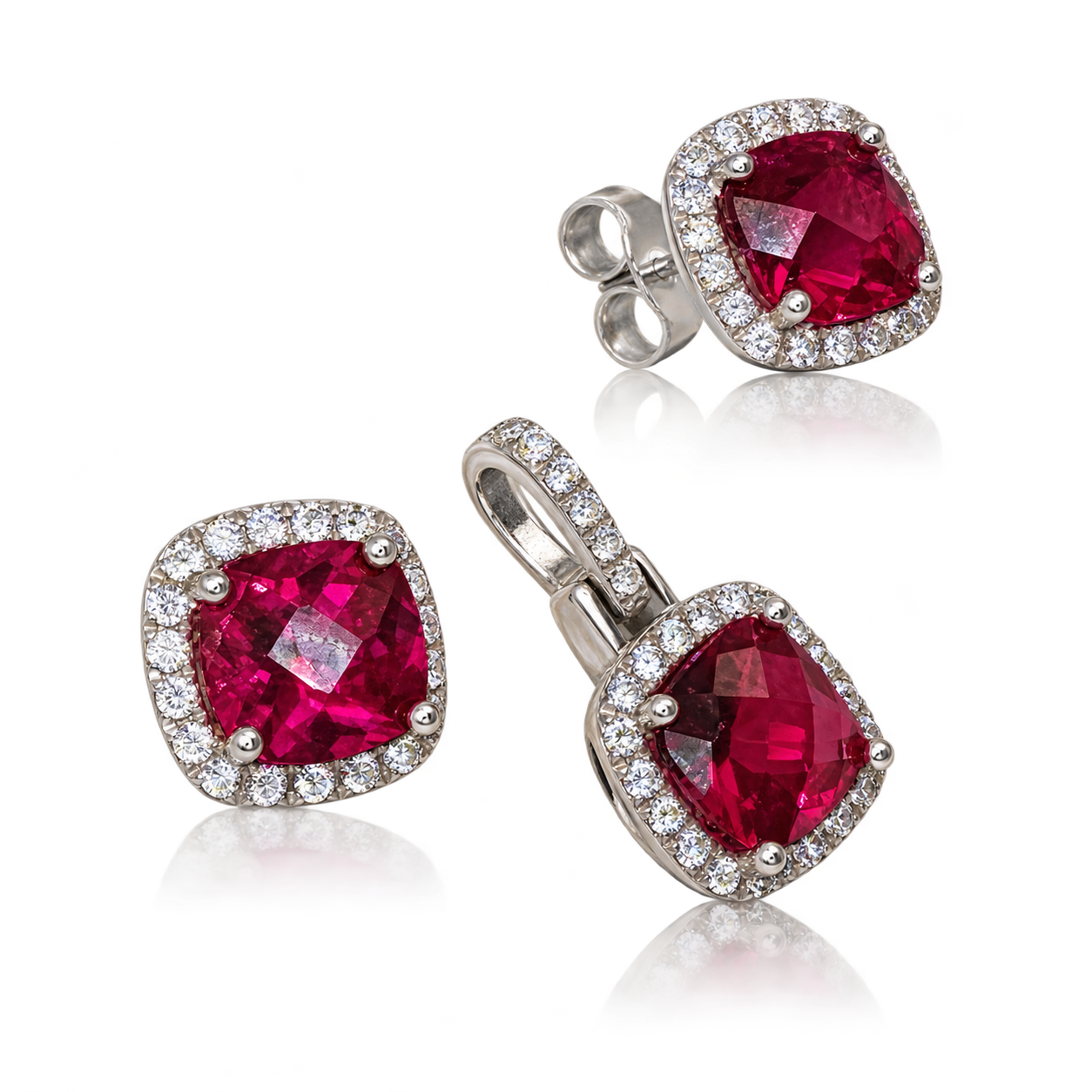 Ruby Crownlight Halo Set aus hellem Argentium Silber: Anhänger mit besetzter Öse und passende Ohrstecker mit rubinroten Zirkonias, mit Spiegelung