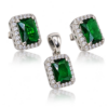 Smaragdgrünes Schmuckset aus hellem Argentium Silber: Emerald Icon Halo Anhänger mit glatter ovaler Öse und ein Paar Emerald Elegance Halo Ohrstecker, mit dezenter Spiegelung
