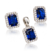 Saphirblaues Schmuckset aus hellem Argentium Silber: Sapphire Icon Halo Anhänger mit glatter ovaler Öse und ein Paar Sapphire Elegance Halo Ohrstecker, mit dezenter Spiegelung