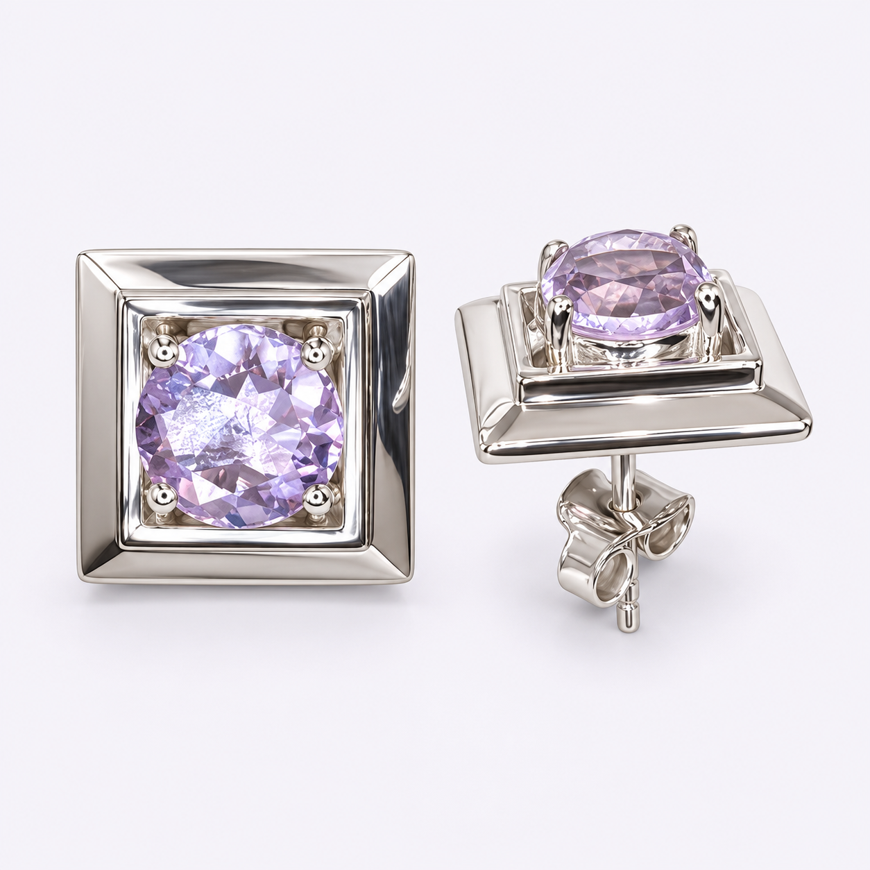 Quadra Pinker Amethyst Ohrstecker aus 960 Argentium Silber – Paar mit rosa-lilafarbenen Steinen im quadratischen Rahmen