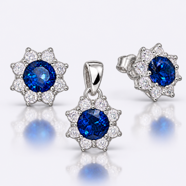 Sapphire Royal Blossom Anhänger und Ohrstecker aus 960 Argentium Silber mit blauen Steinen